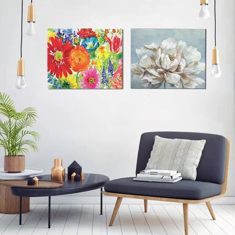 Living room with floral paintings on Two Pack 16 By 20 DIY Wood Canvas Stretcher Bars Set For Stretched Canvas Frames.