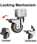 4 Pack 2 Inch Caster Wheels With Three Quarter Inch U Bracket locking mechanism showing locked and unlocked states