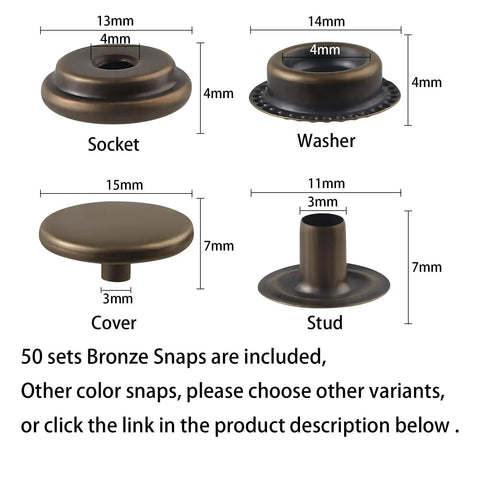 Leather Snap Fastener Kit Five Eighths Inch Bronze Tone Stainless Snaps For DIYers Bags, Clothes, Fabric, Jeans includes 50 sets