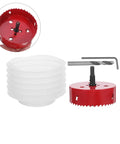 Bi Metal Hole Saw Kit For Four And A Quarter Inch with drill bit and dust cover, viewed disassembled showing components