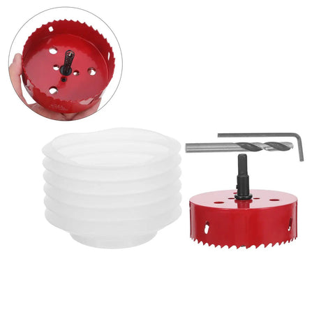 Bi Metal Hole Saw Kit For Four And A Quarter Inch with drill bit and dust cover, viewed disassembled showing components