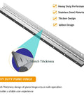 Two Pack One Eight Inch Stainless Steel Piano Hinges Heavy Duty Build With Pre Drilled Holes For Quick Snappy Setup Rust Proof Finish Built Tough Professional Jobs, showing hinge thickness and design details.