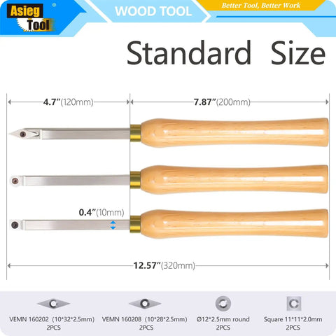 Carbide Tipped Wood Lathe Tools Set 3 Piece Rougher Detailer Finisher With Wood Handle And Diamond Round And Square Indexable Carbide Inserts For Turning Great For Pros And DIYers, displayed horizontally.