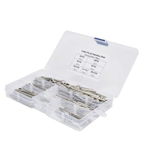 175Pcs Cotter Pin and Metal Clip Fastener Kit for Cars and Machinery Workshop, in a clear plastic case, showcasing stainless steel pins