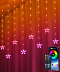Star Curtain Lights 10ft By 3.3ft RGB LED Color Changing String Fairy Lights With 130 LEDs And 10 Stars, Smart App And IR Remote, 200 Plus Scene Modes For Bedroom Backdrop, Indoor Outdoor Christmas Decor And Party Vibe displayed hanging with remote
