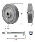Heavy Lifter 5 Inch Non Marking Rubber Caster Wheels For Cart Furniture Dead Quiet Roll Industrial Grade Casters showing dimensions and bolt.