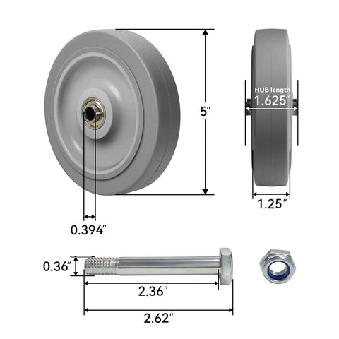 Heavy Lifter 5 Inch Non Marking Rubber Caster Wheels For Cart Furniture Dead Quiet Roll Industrial Grade Casters showing dimensions and bolt.