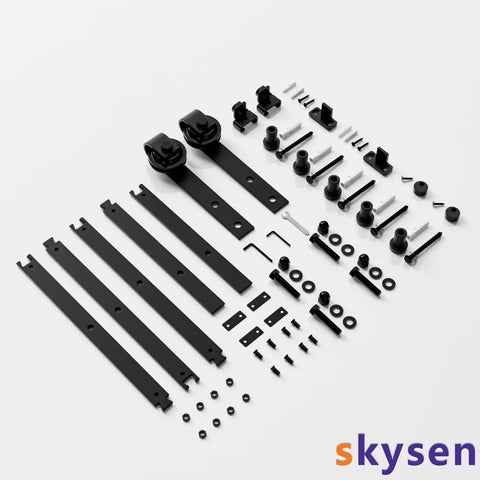 Complete set for 6Ft Sliding Barn Door Hardware Kit With Track, black finish, heavy-duty carbon steel components arranged on white background.