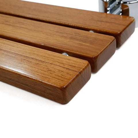 Close-up of Heavy Duty 20 Inch Teak Wood Folding Shower Seat showing teak slats and chrome hardware, wall mounted bath stool.