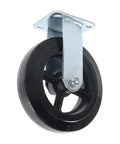 Heavy Duty Rigid Caster Wheels Eight Inch By Two Inch Featuring Rubber Tires And Solid Cast Iron Cores mounted on a metal bracket.