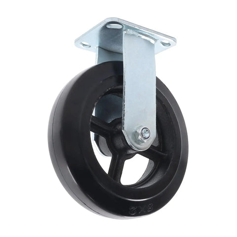 Heavy Duty Rigid Caster Wheels Eight Inch By Two Inch Featuring Rubber Tires And Solid Cast Iron Cores mounted on a metal bracket.