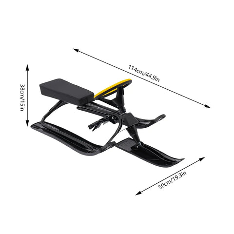 Go Kart Style Snow Sled With Steering Wheel And Brakes For Kids And Adults, 220 Lb Capacity, Two PE Skis dimensions shown