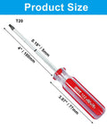 T20 Security Torx Screwdriver With Strong Magnetic Tip 7 Inch Chrome Vanadium Build Red Grip shown with size measurements.