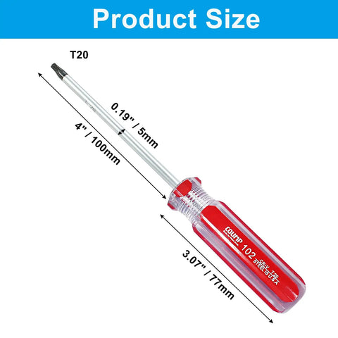T20 Security Torx Screwdriver With Strong Magnetic Tip 7 Inch Chrome Vanadium Build Red Grip shown with size measurements.