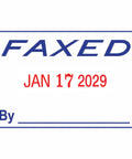 Top Tier Self Inking Double Color Word Dater Stamp With Smooth Blue And Red Cartridge Ink Pads Quick Month Day Year Adjustments For Faxed Forms Or Daily Business Paperwork Making Approval A Slick No Brainer Operation showing "FAXED" text with date "JAN 17 2029".
