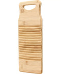 No Sweat Bamboo Washboard For Hand Washing Clothes with non-slip base and deep grooves, portable wooden laundry scrubber.