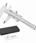 6 Inch Vernier Caliper Measuring Tool, Non-Digital Dual Scale, 0-150mm with measuring instructions and protective case.