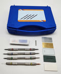 2-9 Mohs Hardness Scratch Tester Pen Kit with Stainless Steel Picks, 4 Pack, Storage Box, Pro-Grade Tool for Testing Minerals, Jewelry, Jade, Glass and Gemstones, Handy, Pocket-Ready Hardness Tester for DIY Hobbyists, blue case and test tiles