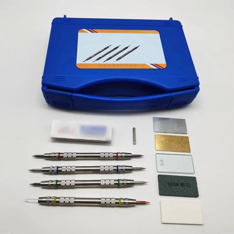 2-9 Mohs Hardness Scratch Tester Pen Kit with Stainless Steel Picks, 4 Pack, Storage Box, Pro-Grade Tool for Testing Minerals, Jewelry, Jade, Glass and Gemstones, Handy, Pocket-Ready Hardness Tester for DIY Hobbyists, blue case and test tiles