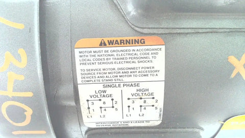Warning label details on L3401 Single Phase Industrial Motor 0.17 HP at 60 Hz 230V TEFC Enclosure Frame 48 1 Phase 22 lb Used