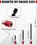 Magnetic Drill Bit Extension Set Four Piece Kit with 2 In, 4 In, 6 In, 12 In lengths showing 1/4 inch hex shank and socket