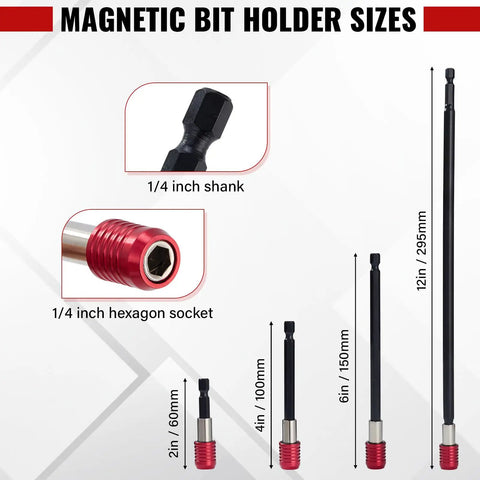 Magnetic Drill Bit Extension Set Four Piece Kit with 2 In, 4 In, 6 In, 12 In lengths showing 1/4 inch hex shank and socket