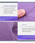 Check Out These Badass 3 Inch Sanding Discs With 320 Grit Aluminum Oxide Abrasive For Wet Dry Sanding And Waterproof Latex Backing Plus Hook System For Long Life On All Your Projects, showing purple aluminum oxide sanding material.