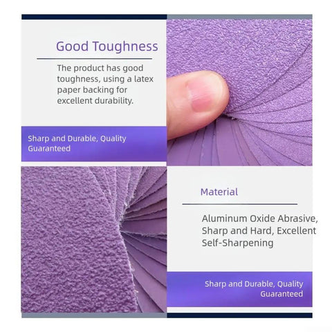 Check Out These Badass 3 Inch Sanding Discs With 320 Grit Aluminum Oxide Abrasive For Wet Dry Sanding And Waterproof Latex Backing Plus Hook System For Long Life On All Your Projects, showing purple aluminum oxide sanding material.