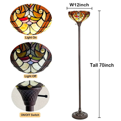 Tiffany Torchiere Floor Lamp With Stained Glass Shade, 70 Inch Tall Antique Style Standing Light For Living Room, Bedroom, And Home Office, Dark Bronze Resin Base, Easy Rotary On Off Switch, 69 Inch Cord, Classic Cozy Glow
