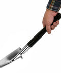 Long Handle Garden Shovel For Digging And Transplanting featuring a wood handle and Japanese steel blade held by a hand.