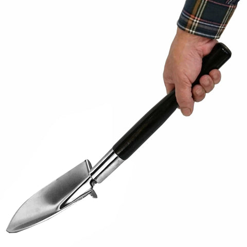 Long Handle Garden Shovel For Digging And Transplanting featuring a wood handle and Japanese steel blade held by a hand.