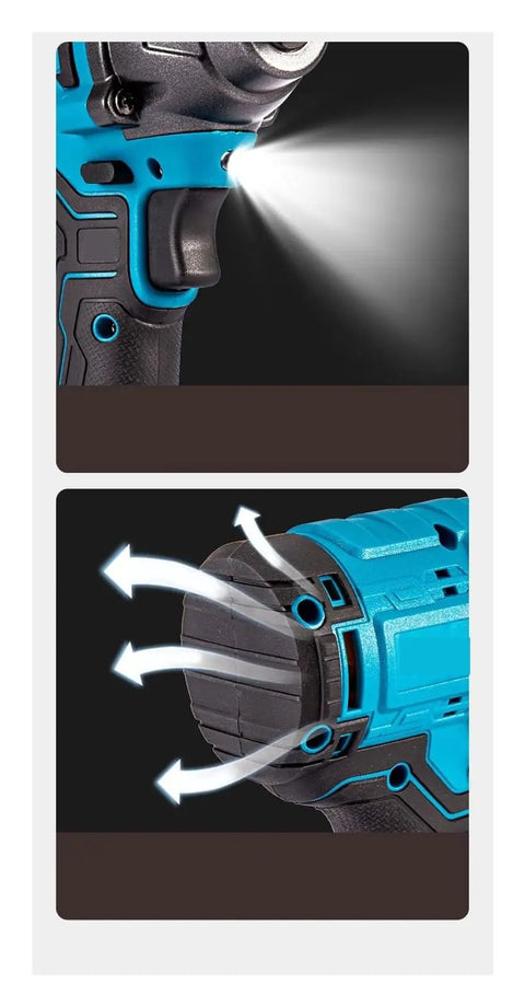 Close-up of cordless brushless impact wrench with light feature and airflow vents, part of Knock Out Stubborn Fasteners Effortlessly With This Cordless Brushless Impact Wrench Delivering Rock Solid 400Nm Torque For Heavy Duty Auto Repair And Weekend Shop Projects.