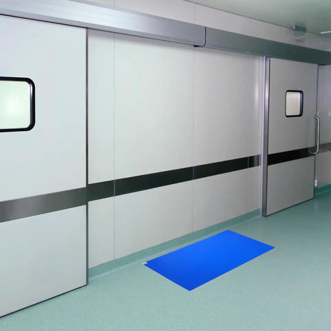 Heavy Duty Tear Away Sticky Adhesive Floor Mats 36 By 18 Inch Grit Eater Mud Scoop 300 Sheets Blue used at cleanroom entrance.