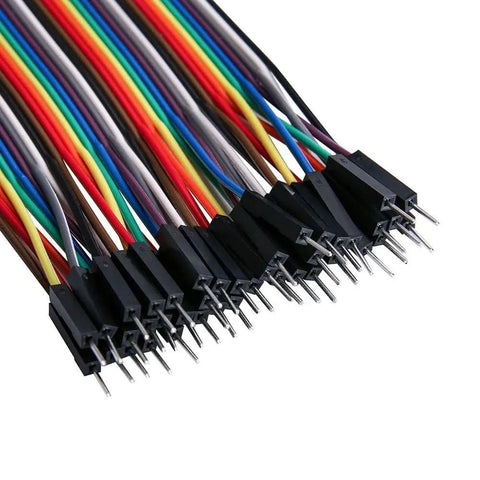 Close-up of the 120-piece Multicolored Dupont Jumper Wire Kit showing 8-inch male to male connections for Arduino projects.