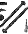 Black Hex Lag Screws Structural Wood Screws Heavy Duty Exterior Hardware Rust Resistant Washer Head 32 Pack, close-up view.