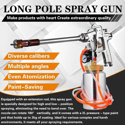 Heavy Duty Extension Rod Spray Gun With Stainless Handle And Solid Brass Tips Delivers A Smooth Flawless Finish Using Adjustable 1 5 1 8 Or 2 5 MM Nozzles Comes Loaded With A Roomy Two Liter Paint Cup And Pressure Regulator Ready For No Sweat Furniture. Long pole spray gun with diverse nozzles and pressure regulator for precise spray application.