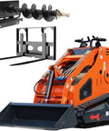 Righteous 23 Horsepower Mini Skid Steer Loader with auger and forks attachments for versatile jobsite work.