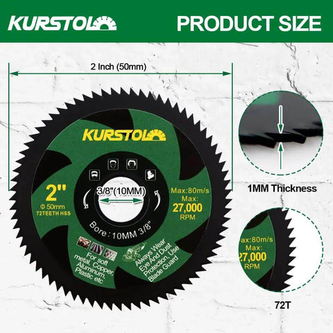2 Inch HSS Circular Saw Blade Set For Mini Angle Grinders, 5 Pack, 72 Teeth, 50mm Diameter, Ten Millimeter Arbor, product diagram