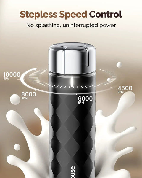Rechargeable Milk Frother With Stepless Speed Control LunaFro V2 Handheld Electric Foam Maker shown with speed settings.