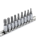Torx Bit Socket Set One Quarter Inch Drive With Nine Pieces T10 Through T50 S2 Alloy Steel Bits on metal rail
