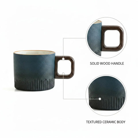 Gotta Love This Ceramic Espresso Cup With A Natural Wood Handle Kickin Up Your Daily Brew Routine While Keeping Things Cool To Touch And Looking Sharp On Any Counter Space, showing textured ceramic body.