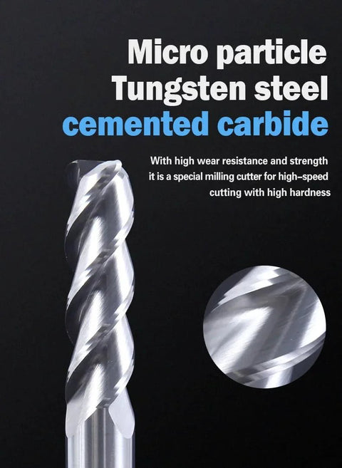 Front view of round-nose end mill with spiral flutes, tungsten carbide, metal shank.