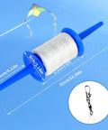 Kite Spool Reel Winder with Grip String Handles showing dimensions and snap swivel, 600 Feet Twisted Polyester Line, Durable ABS Plastic