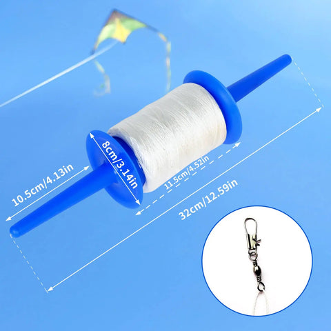 Kite Spool Reel Winder with Grip String Handles showing dimensions and snap swivel, 600 Feet Twisted Polyester Line, Durable ABS Plastic