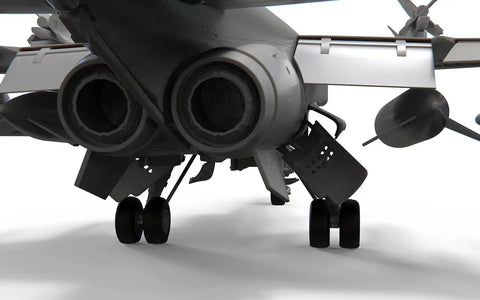 Rear view of the SEPECAT Jaguar 1/48 Scale Model Kit GR.1A Plastic Aircraft Kit, showcasing detailed landing gear and jet engines