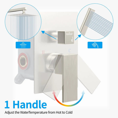 Diagram of water temperature control for 10 Inch Overhead Rain Shower System With Handheld Brushed Nickel Shower Faucet Set