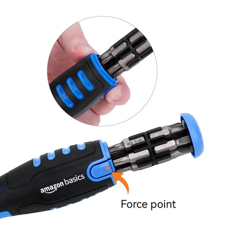 Close-up of 12-In-1 Magnetic Ratcheting Screwdriver Set With Bit Storage In Handle showing bit holder and details.