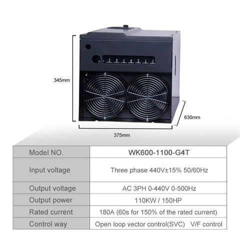 Industrial 440V 90KW Vector Variable Frequency Drive VFD with dual fans and dimensions, front view