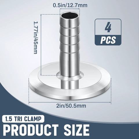 Hose barb adapter, front view, stainless steel, 1.5 inch to 0.5 inch barb, four-pack