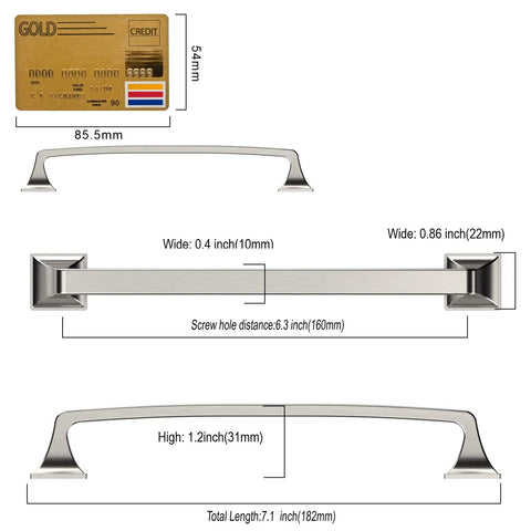 Diagram of dimensions for 10 Pack Brushed Satin Nickel Cabinet Pulls, 6-1/4 Inch Hole Center, 160mm Center To Center, Model ZH0002